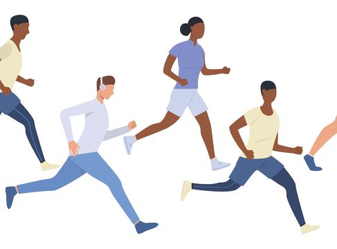 Set of young multiethnic runners. Group of girls and boys jogging outdoors. Vector illustration can be used for presentation, brochure, activity