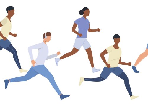 Set of young multiethnic runners. Group of girls and boys jogging outdoors. Vector illustration can be used for presentation, brochure, activity